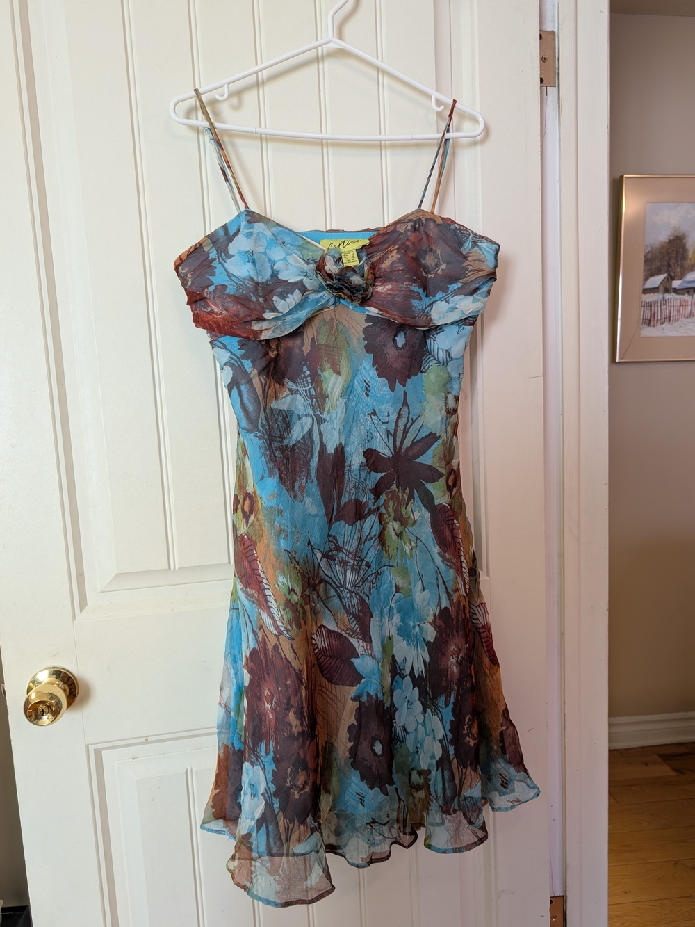 Floral Midi Spaghetti-Strap Dress in Blue and Brown